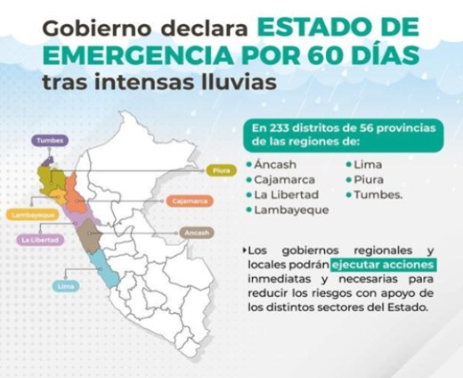 DECLARAN ESTADO DE EMERGENCIA EN SIETE REGIONES TRAS INTENSAS LLUVIAS